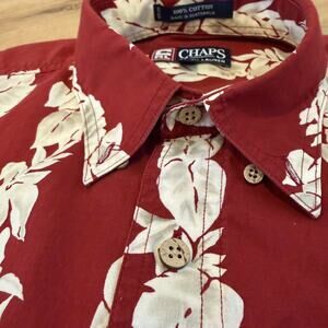 Vintage Chaps Ralph Lauren Mens Hawaiian Shirt Red Cotton Floral Button Up Large